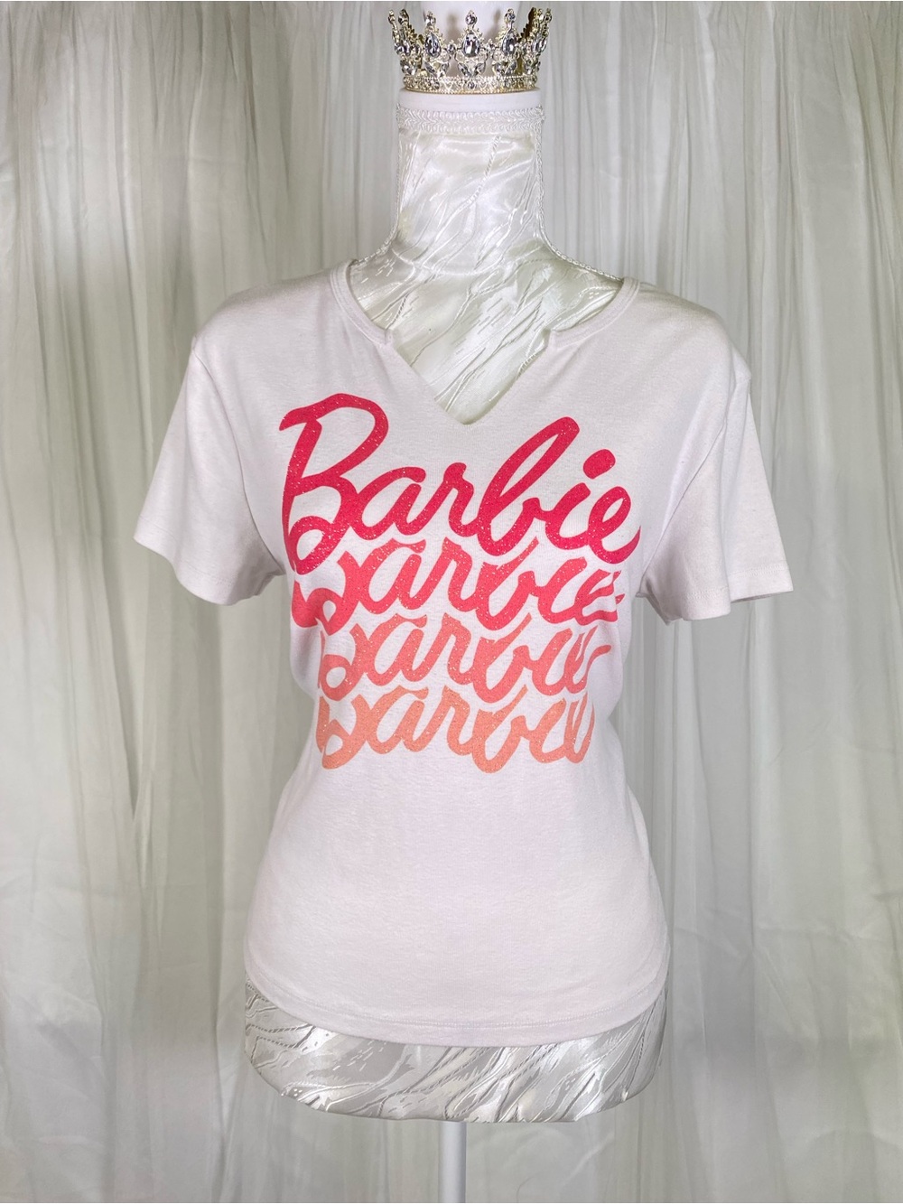 Barbie White V-Neck Graphic Tee with Pink Glitter Ombre Logo